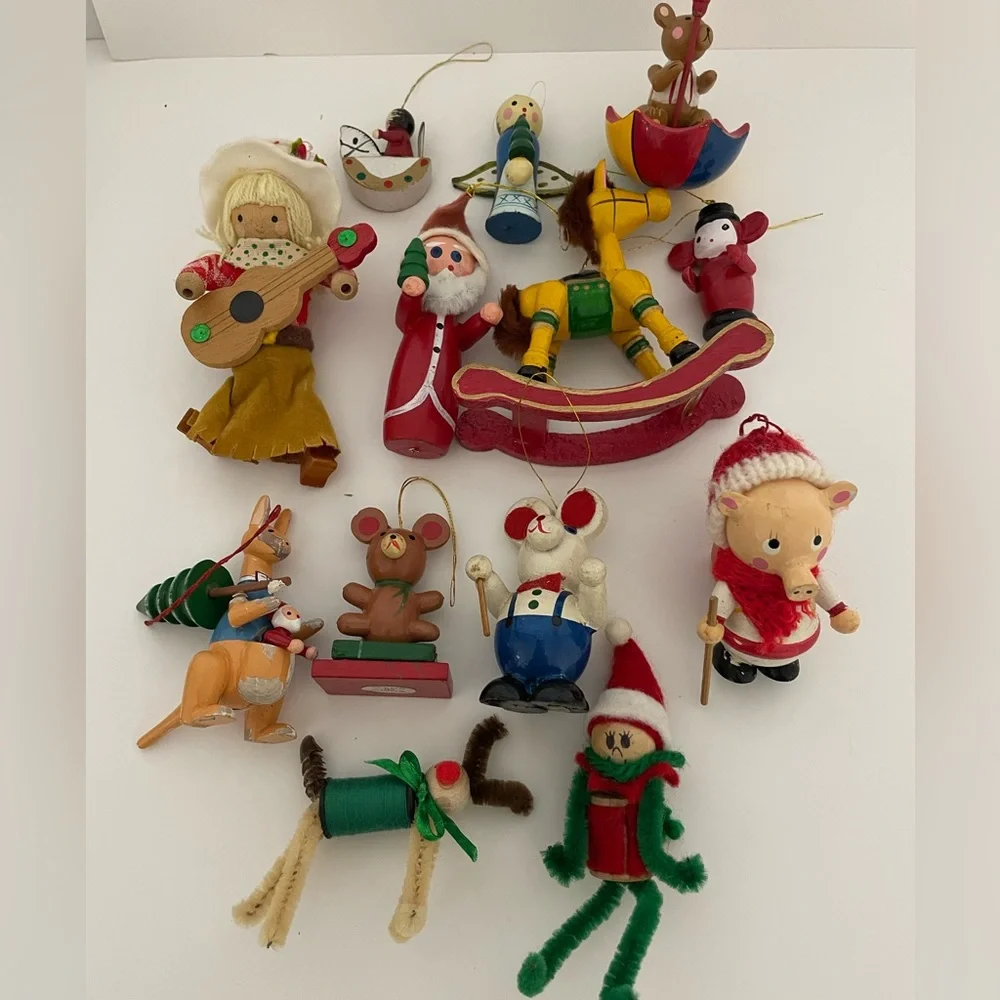 Vintage 1970s/1980s Wood Christmas Ornament Lot Kid Theme
